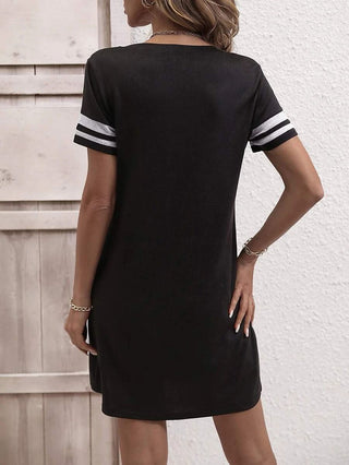Shop Striped Short Sleeve Decorative Button Dress Now On Klozey Store - Trendy U.S. Premium Women Apparel & Accessories And Be Up-To-Fashion!