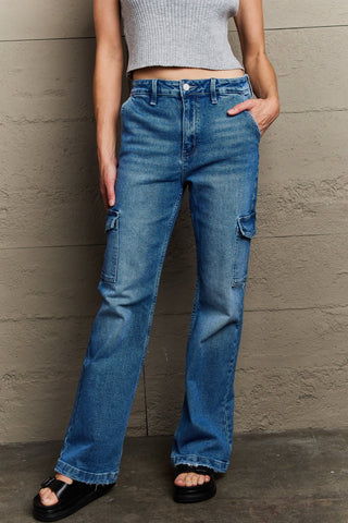 Shop Kancan Holly High Waisted Cargo Flare Jeans Now On Klozey Store - Trendy U.S. Premium Women Apparel & Accessories And Be Up-To-Fashion!