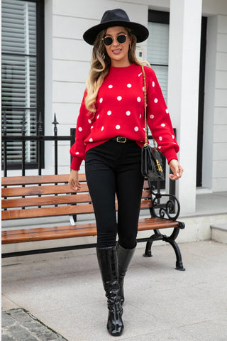 Shop Woven Right Polka Dot Round Neck Dropped Shoulder Sweater Now On Klozey Store - Trendy U.S. Premium Women Apparel & Accessories And Be Up-To-Fashion!