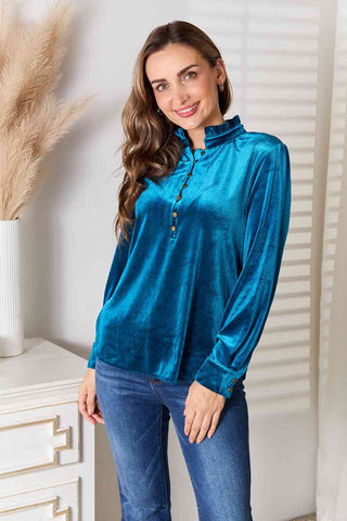 Shop Double Take Notched Neck Buttoned Long Sleeve Blouse Now On Klozey Store - Trendy U.S. Premium Women Apparel & Accessories And Be Up-To-Fashion!