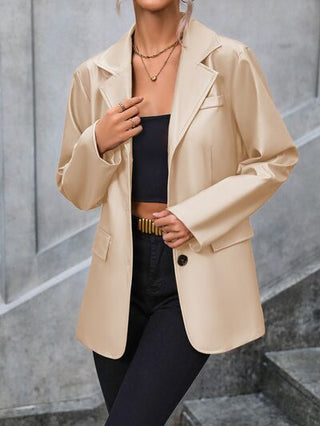 Shop Pocketed Button Up Collared Neck Blazer Now On Klozey Store - Trendy U.S. Premium Women Apparel & Accessories And Be Up-To-Fashion!