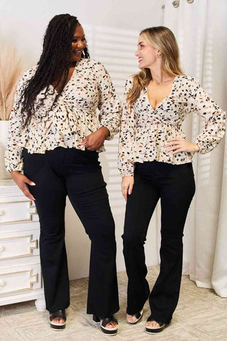 Shop Double Take Printed Tied Plunge Peplum Blouse Now On Klozey Store - Trendy U.S. Premium Women Apparel & Accessories And Be Up-To-Fashion!