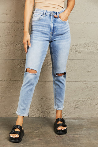 Shop BAYEAS High Waisted Distressed Slim Cropped Jeans Now On Klozey Store - Trendy U.S. Premium Women Apparel & Accessories And Be Up-To-Fashion!