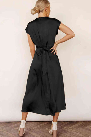 Shop Satin Cap Sleeve Tie Back Midi Dress Now On Klozey Store - Trendy U.S. Premium Women Apparel & Accessories And Be Up-To-Fashion!
