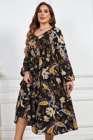 Shop Melo Apparel Plus Size Floral Print Tie Belt Balloon Sleeve Midi Dress Now On Klozey Store - Trendy U.S. Premium Women Apparel & Accessories And Be Up-To-Fashion!
