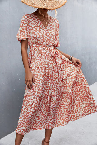 Shop Printed V-Neck Flutter Sleeve Belted Dress Now On Klozey Store - U.S. Fashion And Be Up-To-Fashion!