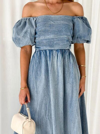 Shop Off-Shoulder Balloon Sleeve Denim Dress Now On Klozey Store - Trendy U.S. Premium Women Apparel & Accessories And Be Up-To-Fashion!