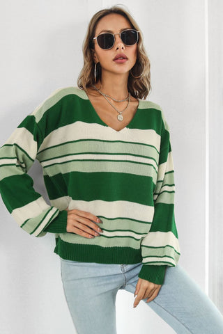 Shop Striped V-Neck Dropped Shoulder Sweater Now On Klozey Store - Trendy U.S. Premium Women Apparel & Accessories And Be Up-To-Fashion!