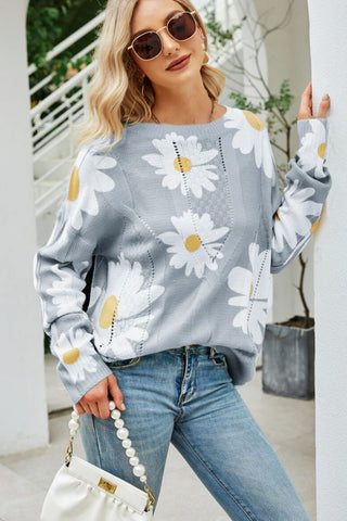 Shop Daisy Print Openwork Round Neck Sweater Now On Klozey Store - Trendy U.S. Premium Women Apparel & Accessories And Be Up-To-Fashion!