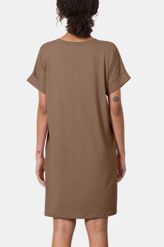 Shop Zenana Rolled Short Sleeve V-Neck Dress Now On Klozey Store - Trendy U.S. Premium Women Apparel & Accessories And Be Up-To-Fashion!