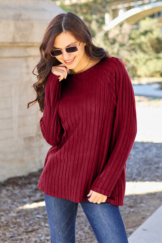 Shop Basic Bae Full Size Ribbed Round Neck Long Sleeve Knit Top Now On Klozey Store - Trendy U.S. Premium Women Apparel & Accessories And Be Up-To-Fashion!
