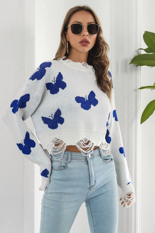 Shop Printed Round Neck Ribbed Long Sleeve Sweater Now On Klozey Store - Trendy U.S. Premium Women Apparel & Accessories And Be Up-To-Fashion!