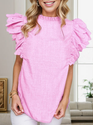 Shop Ruffled Mock Neck Cap Sleeve Blouse Now On Klozey Store - Trendy U.S. Premium Women Apparel & Accessories And Be Up-To-Fashion!
