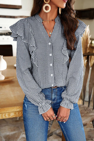 Shop Plaid Notched Flounce Sleeve Shirt Now On Klozey Store - Trendy U.S. Premium Women Apparel & Accessories And Be Up-To-Fashion!