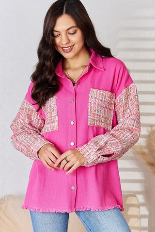 Shop And The Why Tweed Detailed Button Down Raw Hem Shacket Now On Klozey Store - Trendy U.S. Premium Women Apparel & Accessories And Be Up-To-Fashion!