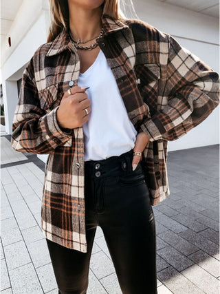 Shop Pocketed Plaid Snap Down Dropped Shoulder Jacket Now On Klozey Store - Trendy U.S. Premium Women Apparel & Accessories And Be Up-To-Fashion!