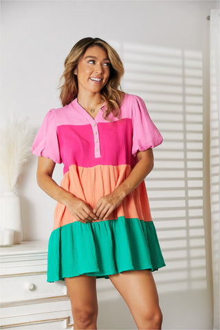 Shop Double Take Color Block Buttoned Puff Sleeve Dress Now On Klozey Store - Trendy U.S. Premium Women Apparel & Accessories And Be Up-To-Fashion!