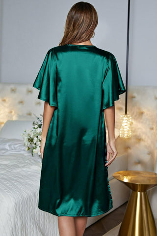 Shop Satin Flutter Sleeve Side Slit V-Neck Night Dress Now On Klozey Store - Trendy U.S. Premium Women Apparel & Accessories And Be Up-To-Fashion!