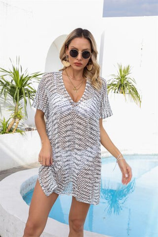 Shop Openwork V-Neck Short Sleeve Cover Up Now On Klozey Store - Trendy U.S. Premium Women Apparel & Accessories And Be Up-To-Fashion!