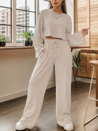 Shop Ribbed Round Neck Top and Drawstring Pants Set Now On Klozey Store - U.S. Fashion And Be Up-To-Fashion!