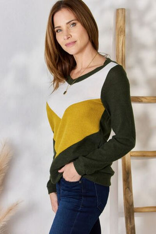 Shop Hailey & Co Full Size Colorblock V-Neck Blouse Now On Klozey Store - Trendy U.S. Premium Women Apparel & Accessories And Be Up-To-Fashion!