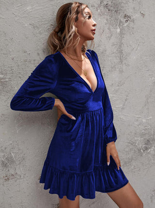 Shop Plunge Long Sleeve Ruffle Hem Dress Now On Klozey Store - Trendy U.S. Premium Women Apparel & Accessories And Be Up-To-Fashion!