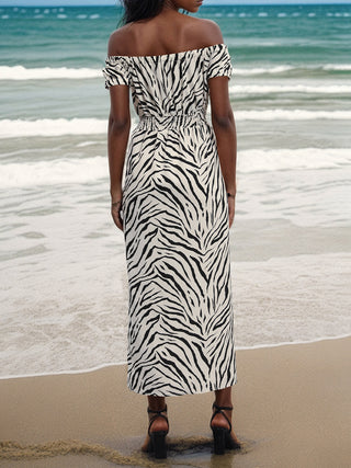 Shop Slit Animal Print Off-Shoulder Midi Dress Now On Klozey Store - Trendy U.S. Premium Women Apparel & Accessories And Be Up-To-Fashion!