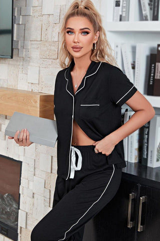 Shop Contrast Piping Short Sleeve Top and Pants Pajama Set Now On Klozey Store - U.S. Fashion And Be Up-To-Fashion!