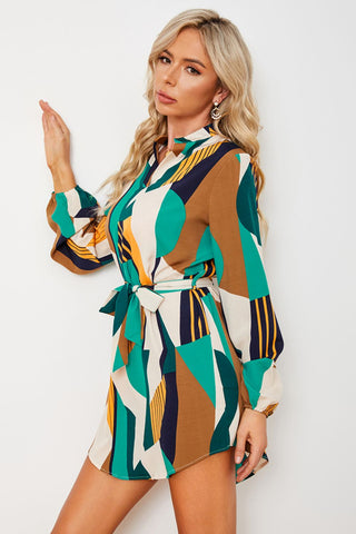 Shop Geometric Print Belted Curved Hem Dress Now On Klozey Store - U.S. Fashion And Be Up-To-Fashion!
