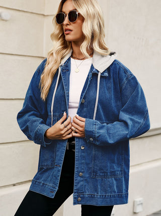 Shop Drawstring Button Down Hooded Denim Jacket Now On Klozey Store - Trendy U.S. Premium Women Apparel & Accessories And Be Up-To-Fashion!