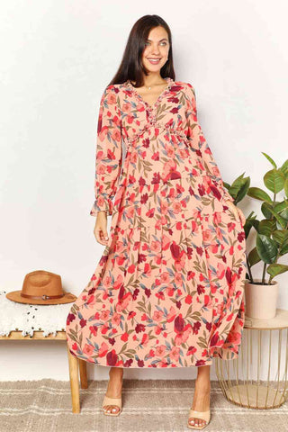 Shop Double Take Floral Frill Trim Flounce Sleeve Plunge Maxi Dress Now On Klozey Store - Trendy U.S. Premium Women Apparel & Accessories And Be Up-To-Fashion!