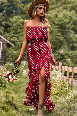 Shop Polka Dot Strapless Slit Ruffled Maxi Dress Now On Klozey Store - Trendy U.S. Premium Women Apparel & Accessories And Be Up-To-Fashion!
