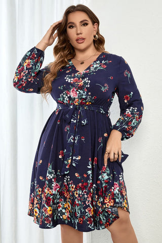 Shop Plus Size Floral Tie Waist Long Sleeve Dress Now On Klozey Store - Trendy U.S. Premium Women Apparel & Accessories And Be Up-To-Fashion!