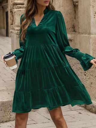 Shop Notched Long Sleeve Tiered Dress Now On Klozey Store - Trendy U.S. Premium Women Apparel & Accessories And Be Up-To-Fashion!