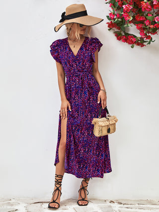 Shop Printed Surplice Neck Flutter Sleeve Slit Dress Now On Klozey Store - Trendy U.S. Premium Women Apparel & Accessories And Be Up-To-Fashion!