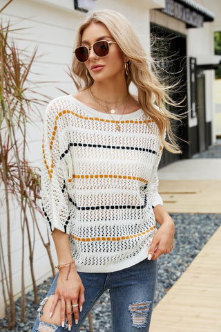 Shop Striped Openwork Three-Quarter Sleeve Knit Top Now On Klozey Store - U.S. Fashion And Be Up-To-Fashion!
