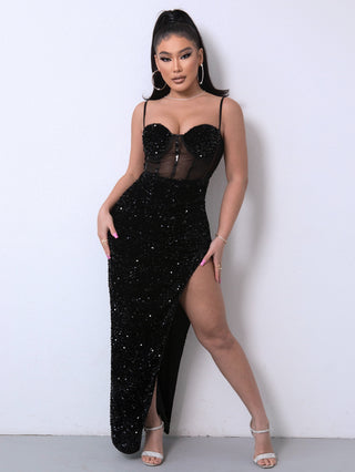 Shop Sequin Spliced Mesh Adjustable Strap Dress Now On Klozey Store - Trendy U.S. Premium Women Apparel & Accessories And Be Up-To-Fashion!
