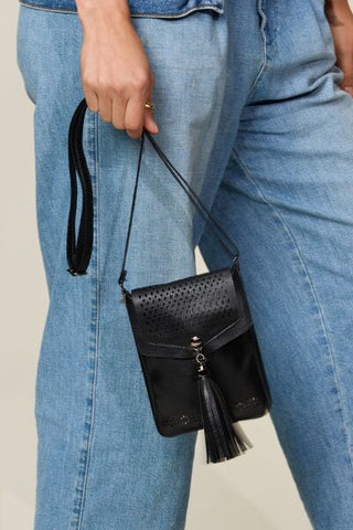 Shop Zenana PU Leather Tassel Hollowed Crossbody Bag Now On Klozey Store - Trendy U.S. Premium Women Apparel & Accessories And Be Up-To-Fashion!
