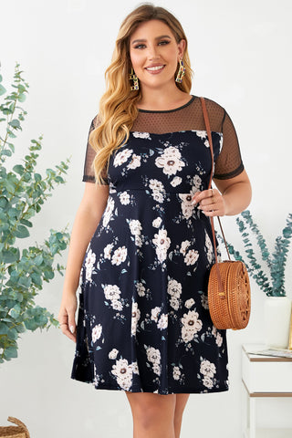 Shop Plus Size Floral Polka Dot Mesh Yoke Dress Now On Klozey Store - Trendy U.S. Premium Women Apparel & Accessories And Be Up-To-Fashion!