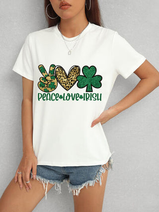 Shop PEACE LOVE IRISH Round Neck Short Sleeve T-Shirt Now On Klozey Store - Trendy U.S. Premium Women Apparel & Accessories And Be Up-To-Fashion!