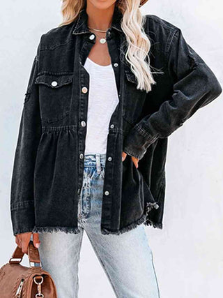 Shop Raw Hem Distressed Denim Shacket Now On Klozey Store - Trendy U.S. Premium Women Apparel & Accessories And Be Up-To-Fashion!