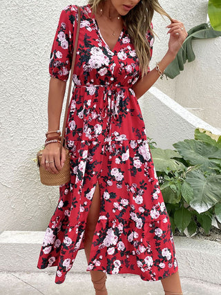 Shop Floral Split Tie-Waist Dress Now On Klozey Store - U.S. Fashion And Be Up-To-Fashion!