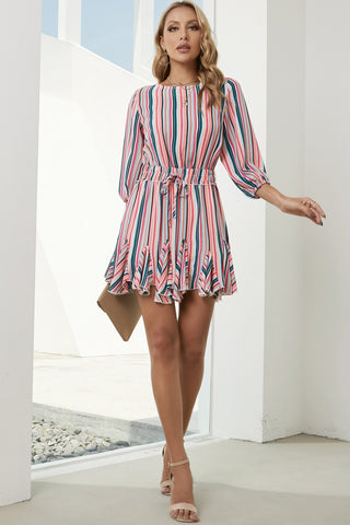 Shop Striped Drawstring Waist Three-Quarter Sleeve Mini Dress Now On Klozey Store - U.S. Fashion And Be Up-To-Fashion!