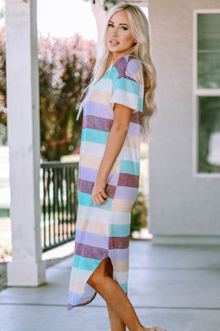 Shop Striped V-Neck Curved Hem Midi Dress Now On Klozey Store - U.S. Fashion And Be Up-To-Fashion!