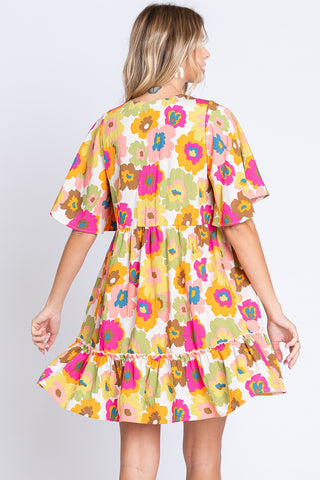 Shop GeeGee Full Size Floral V-Neck Ruffle Trim Mini Dress Now On Klozey Store - Trendy U.S. Premium Women Apparel & Accessories And Be Up-To-Fashion!