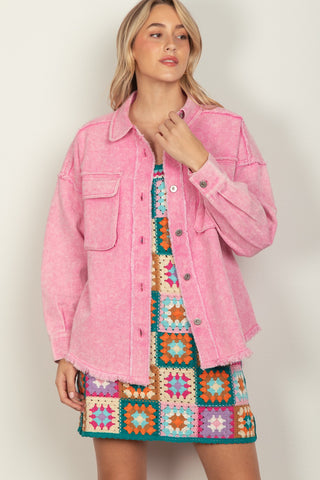 Shop VERY J Full Size Button Up Raw Hem Long Sleeve Jacket Now On Klozey Store - Trendy U.S. Premium Women Apparel & Accessories And Be Up-To-Fashion!