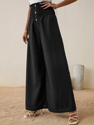 Shop High Smocked Waist Buttoned Relax Fit Long Pants Now On Klozey Store - Trendy U.S. Premium Women Apparel & Accessories And Be Up-To-Fashion!