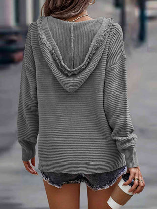 Shop Ribbed Fringed V-Neck Hooded Sweater Now On Klozey Store - U.S. Fashion And Be Up-To-Fashion!