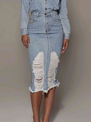 Shop Distressed Slit Denim Skirt Now On Klozey Store - Trendy U.S. Premium Women Apparel & Accessories And Be Up-To-Fashion!