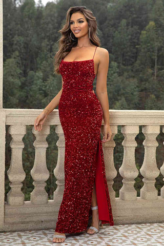 Shop Sequin Backless Split Maxi Dress Now On Klozey Store - Trendy U.S. Premium Women Apparel & Accessories And Be Up-To-Fashion!
